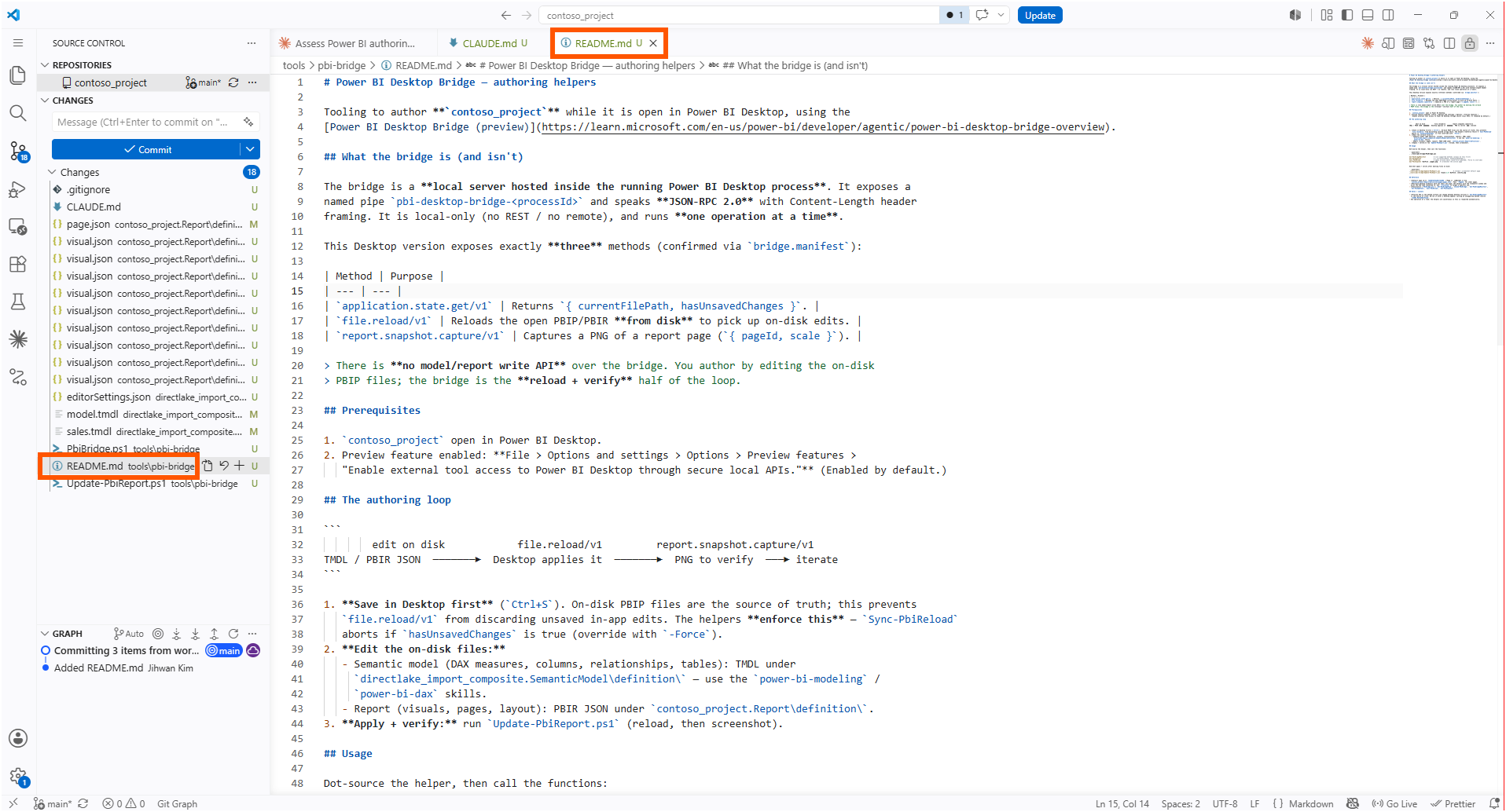 A README describing what the bridge is and is not, with a table of the three methods and a note that there is no model or report write API over the bridge