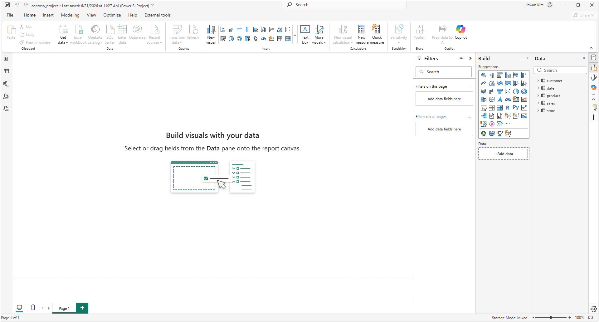 Power BI Desktop with contoso_project open on an empty Page 1, the Data pane listing customer, date, product, sales, and store tables