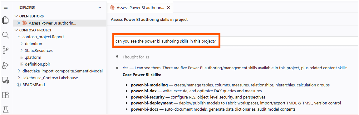The agent chat answering that it can see five core Power BI authoring skills in the project, including power-bi-modeling, power-bi-dax, power-bi-security, power-bi-deployment, and power-bi-docs