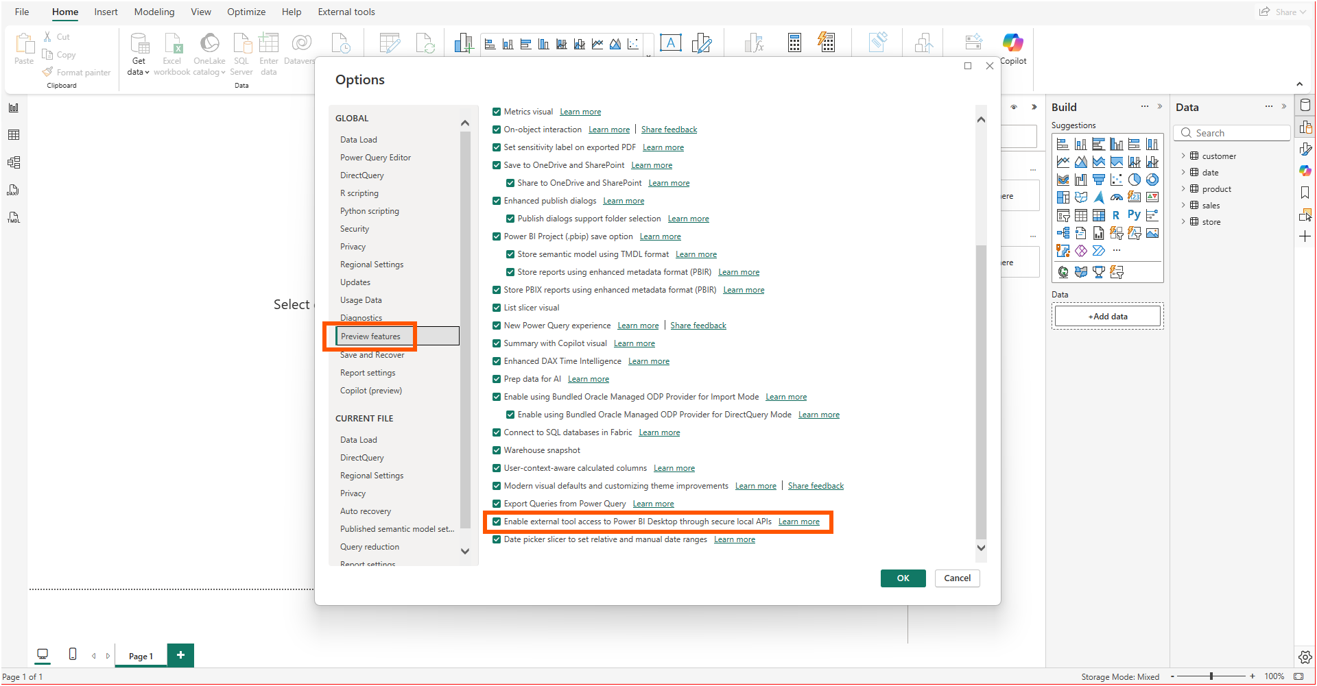 The Power BI Desktop Options dialog on the Preview features page, with the checkbox Enable external tool access to Power BI Desktop through secure local APIs highlighted