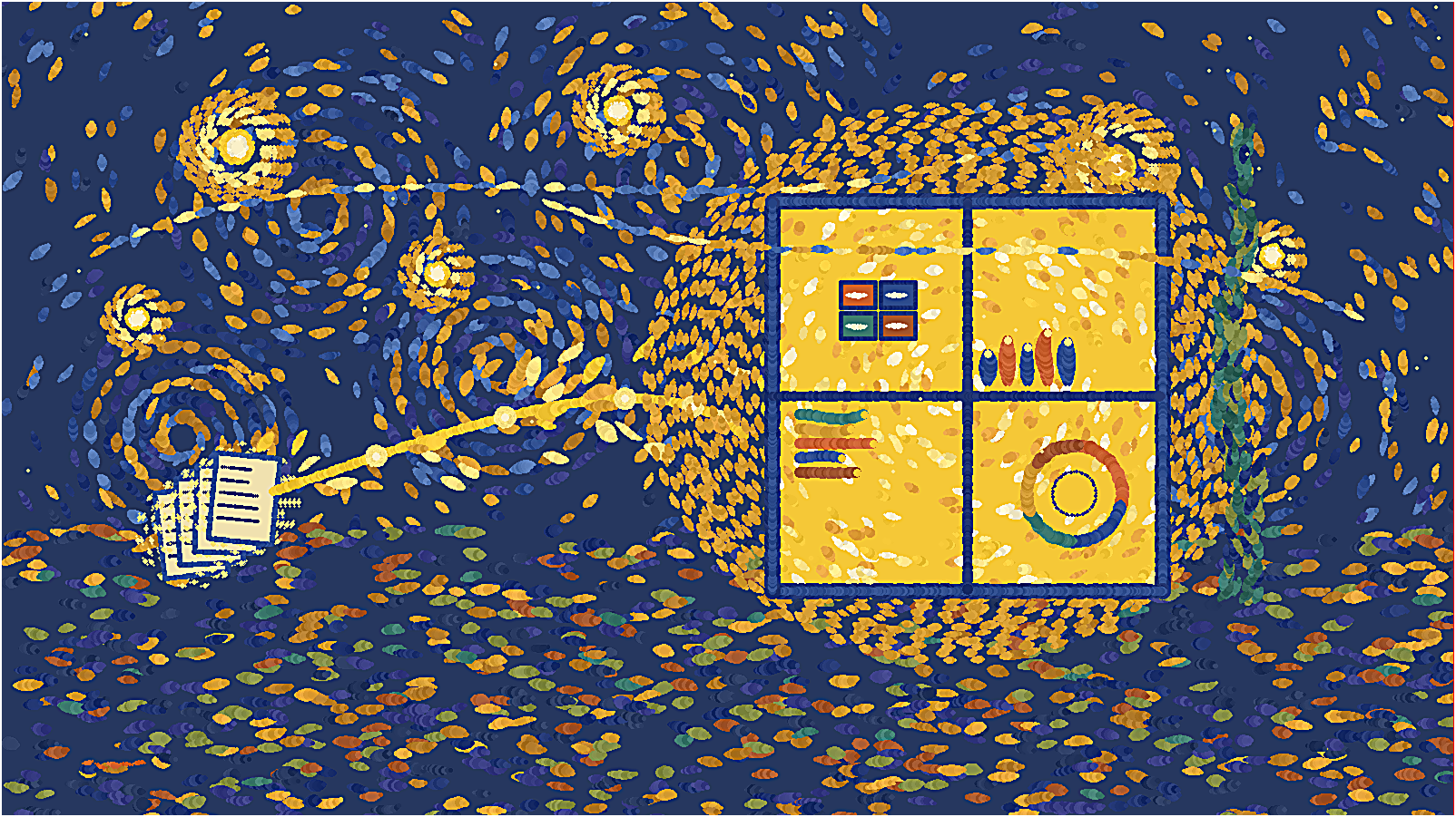 A Starry Night style illustration of a stack of report files on the left connected by a glowing thread to a glowing report on the right, showing four KPI cards, two bar charts, and a donut chart, suggesting files on disk becoming a live report