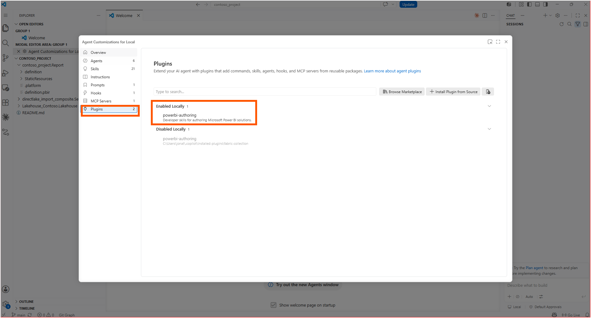The Agent Customizations Plugins panel showing powerbi-authoring enabled locally, described as developer skills for authoring Microsoft Power BI solutions
