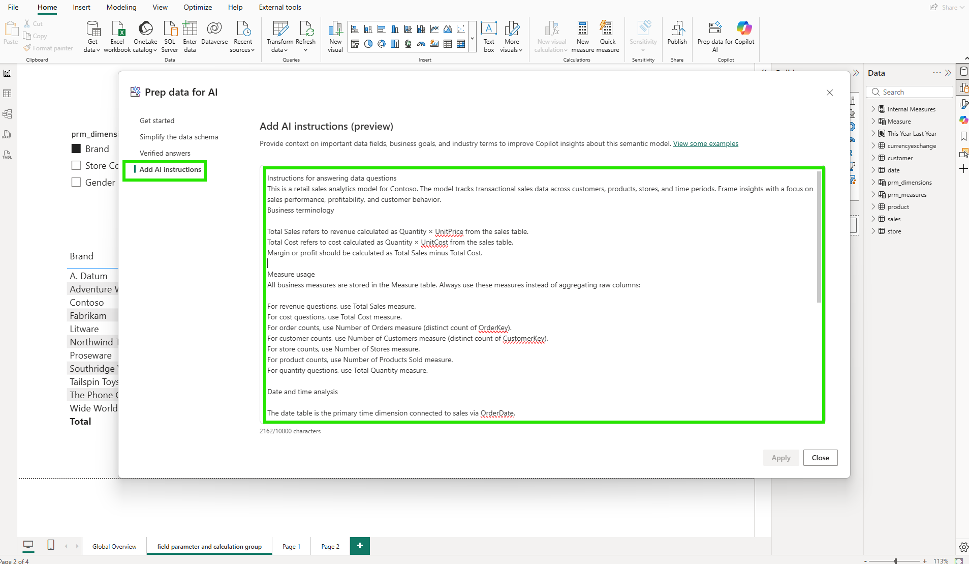 AI instructions editor showing written business context about the Contoso model including terminology, measure usage, and date table guidance