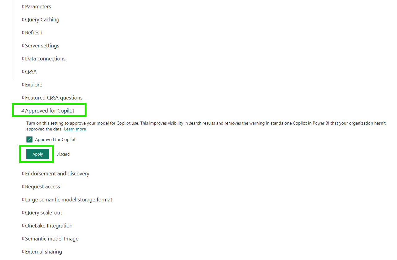 Approved for Copilot settings section showing the checkbox checked and Apply button highlighted