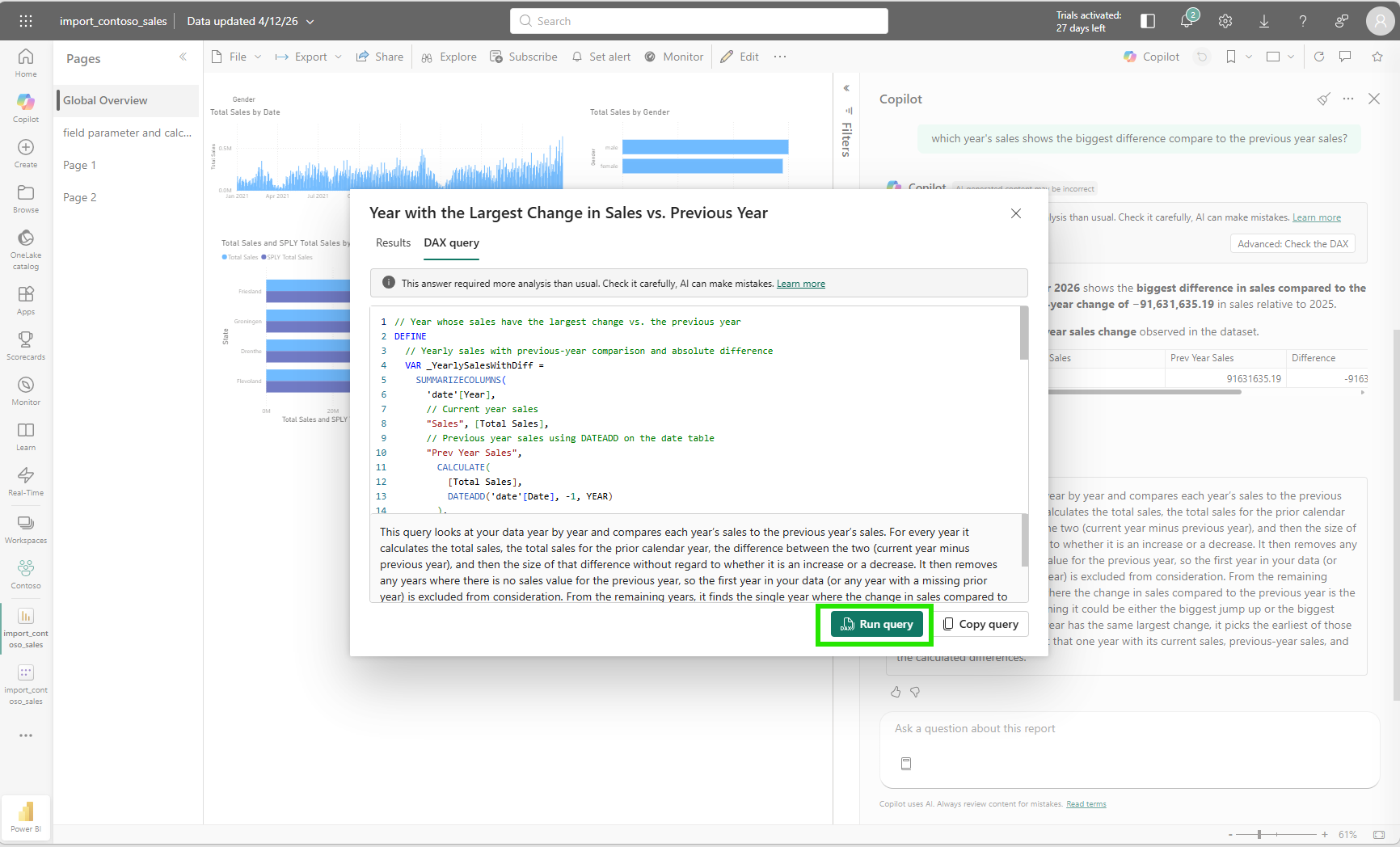 DAX query modal showing the Copilot-generated query for finding the year with the largest sales difference vs previous year
