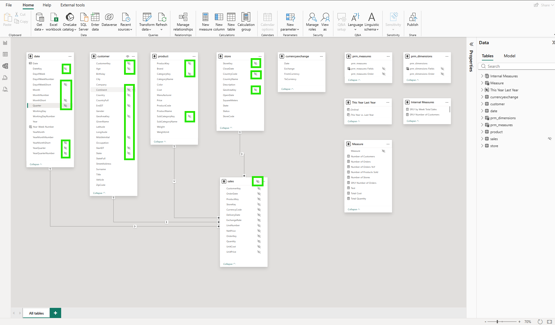 Model diagram after schema simplification showing highlighted columns that have been deselected from the AI schema
