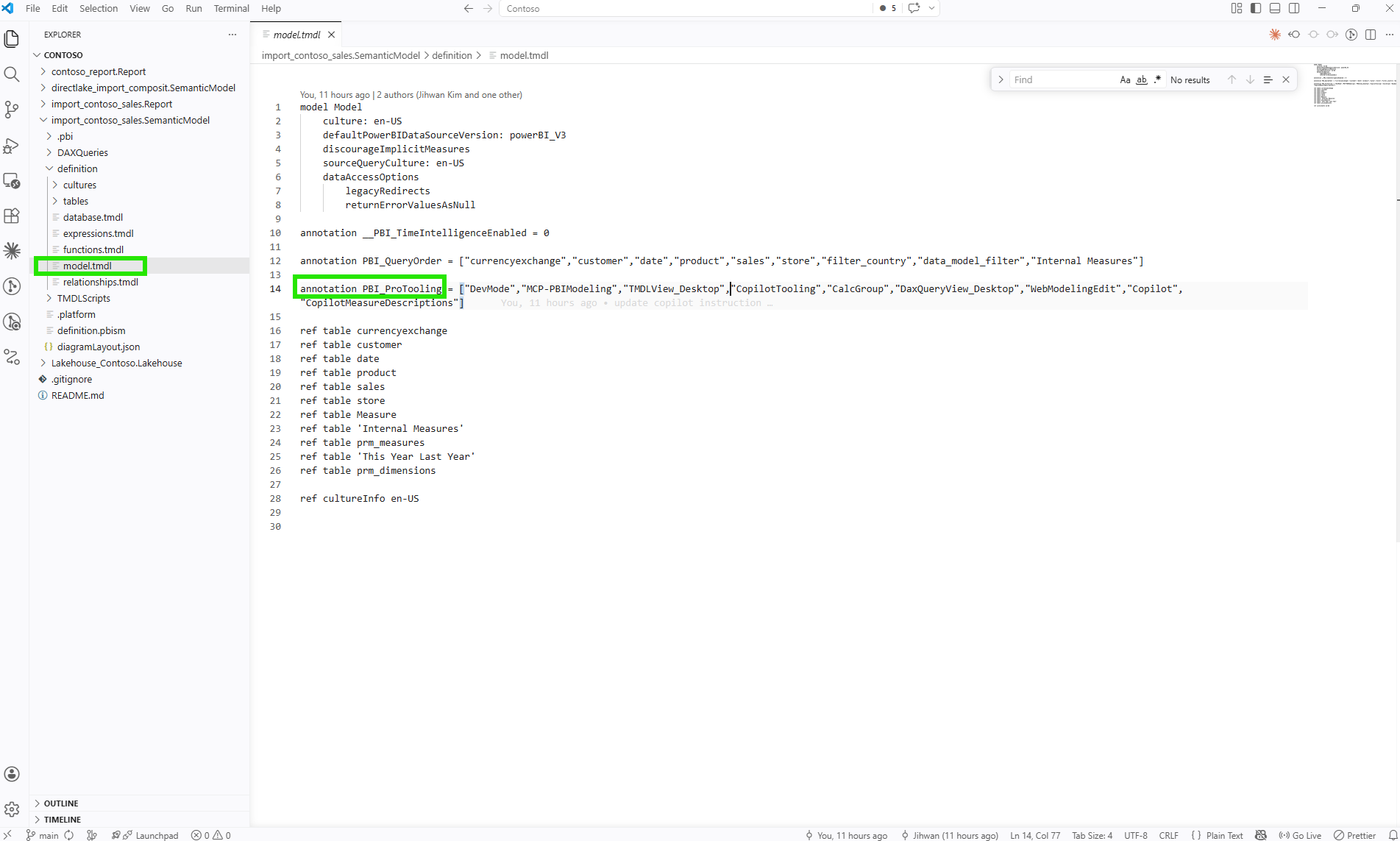 VS Code showing model.tmdl with the PBI_ProTooling annotation on line 14, including CopilotTooling in the list and Git blame showing the commit that changed it