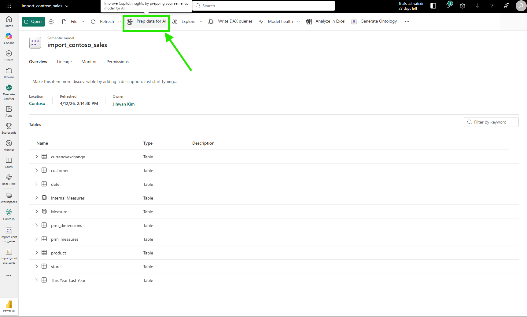 Power BI Service semantic model page showing the Prep data for AI button on the ribbon