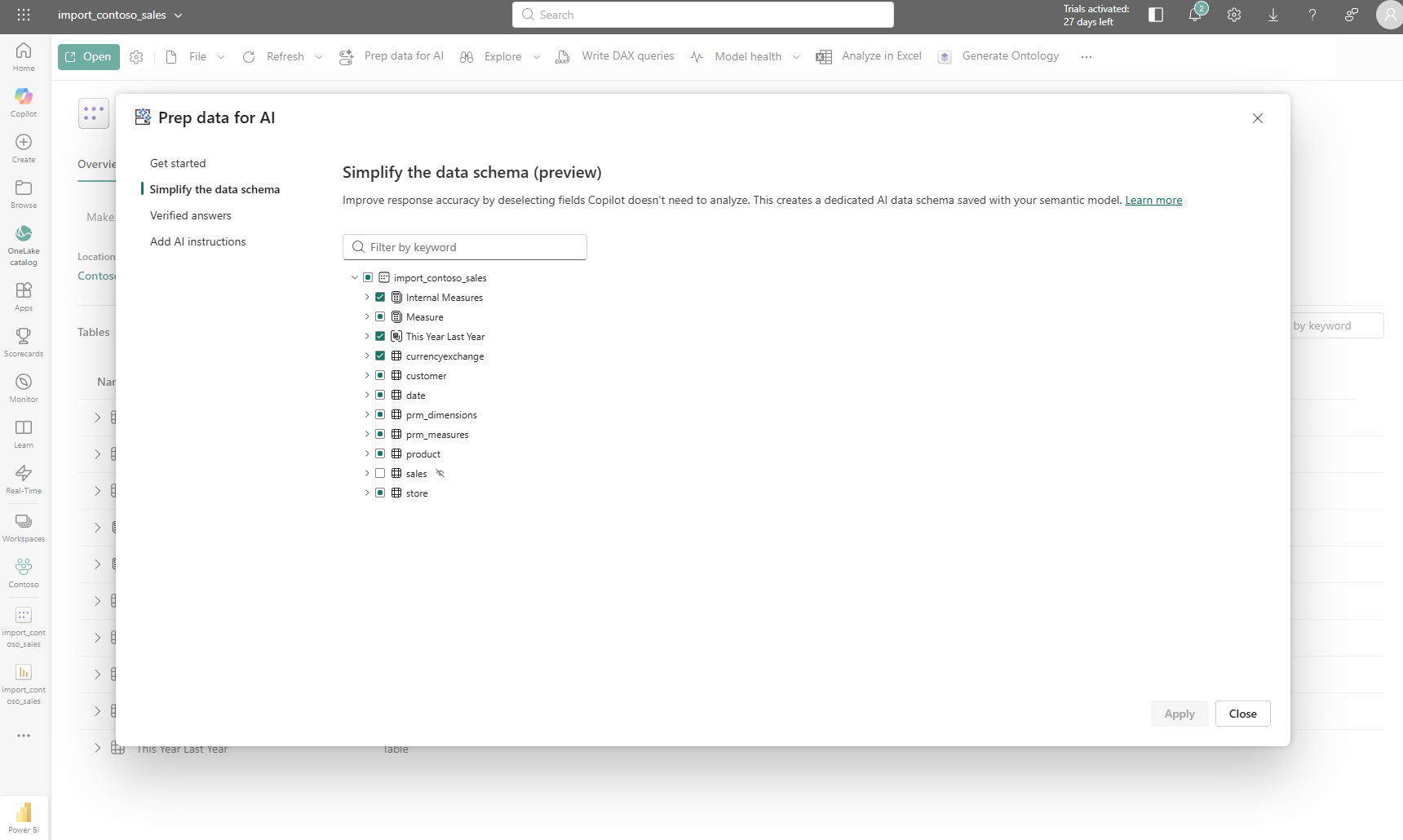 Prep data for AI dialog in the Power BI Service showing the Simplify the data schema view