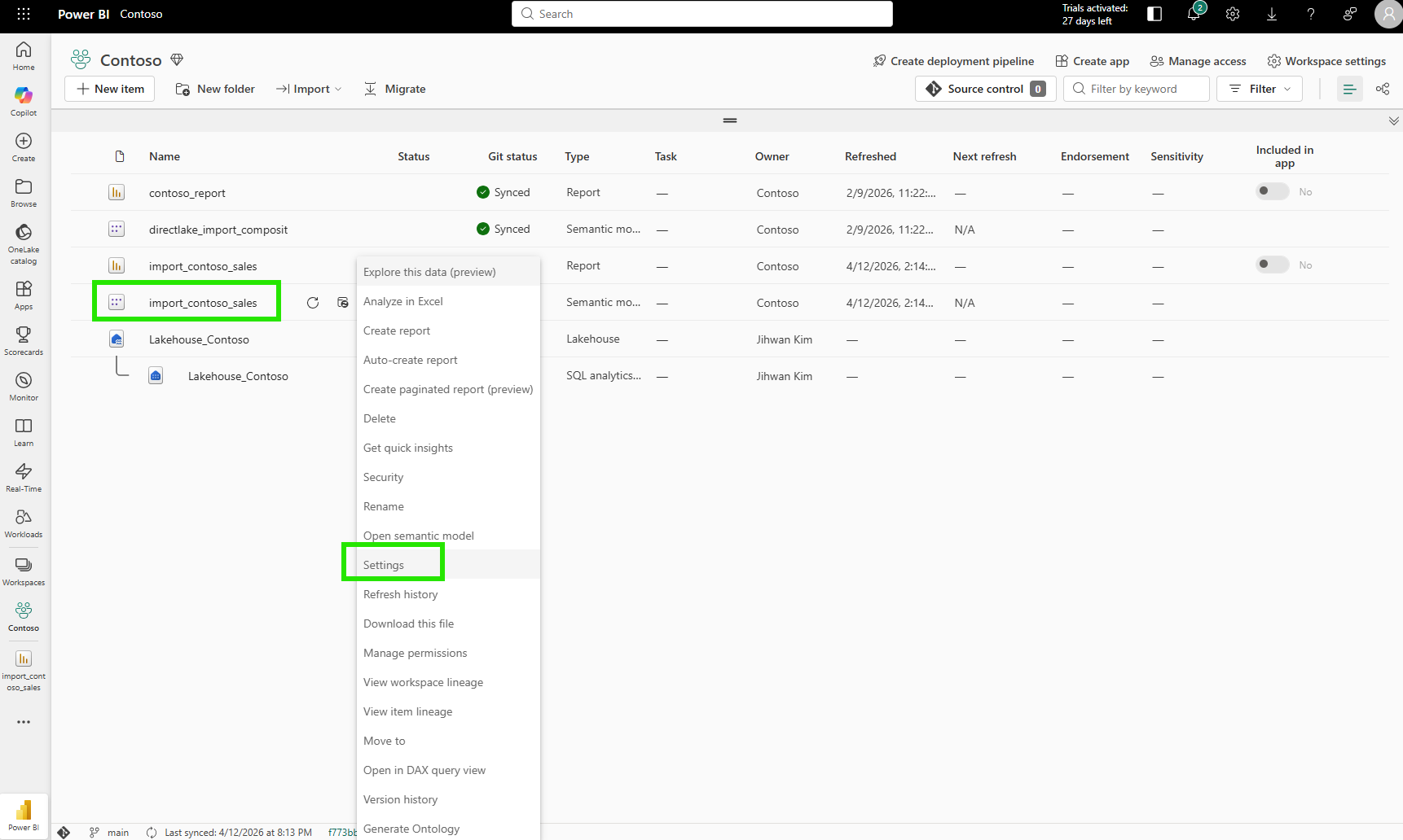 Fabric workspace showing the semantic model context menu with Settings option highlighted