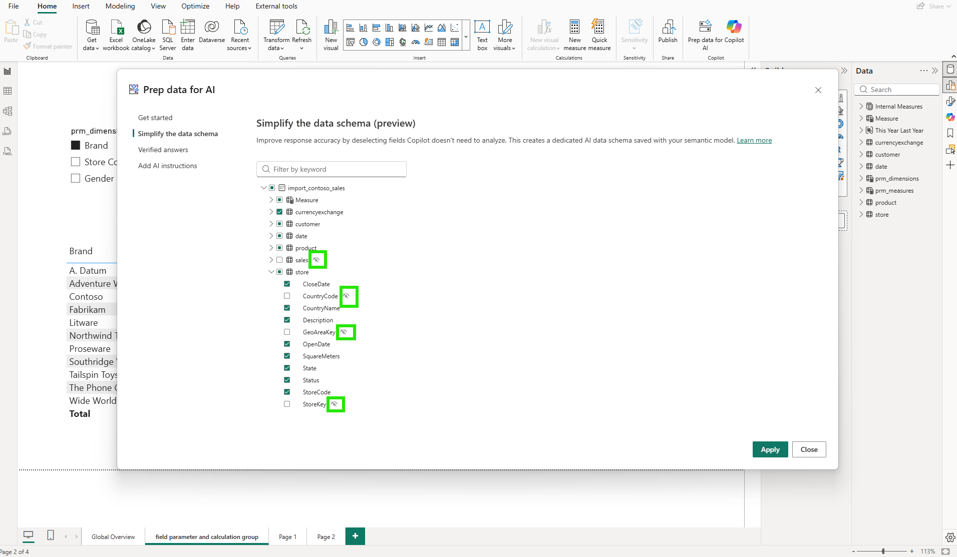 Simplify the data schema after changes, showing store table columns with CloseDate, CountryCode, and others unchecked