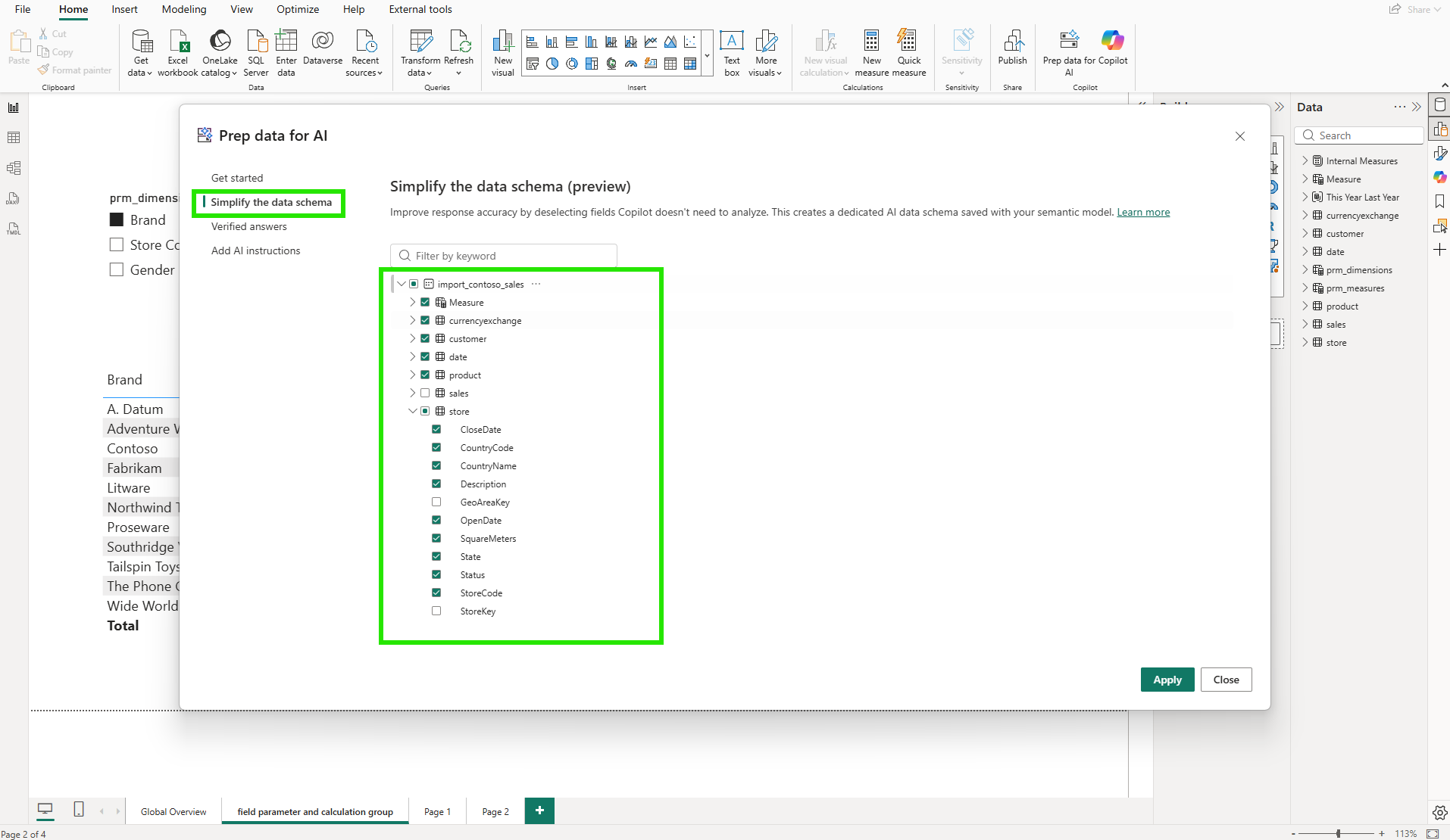Simplify the data schema UI showing the store table with checkboxes for each column, with some columns unchecked