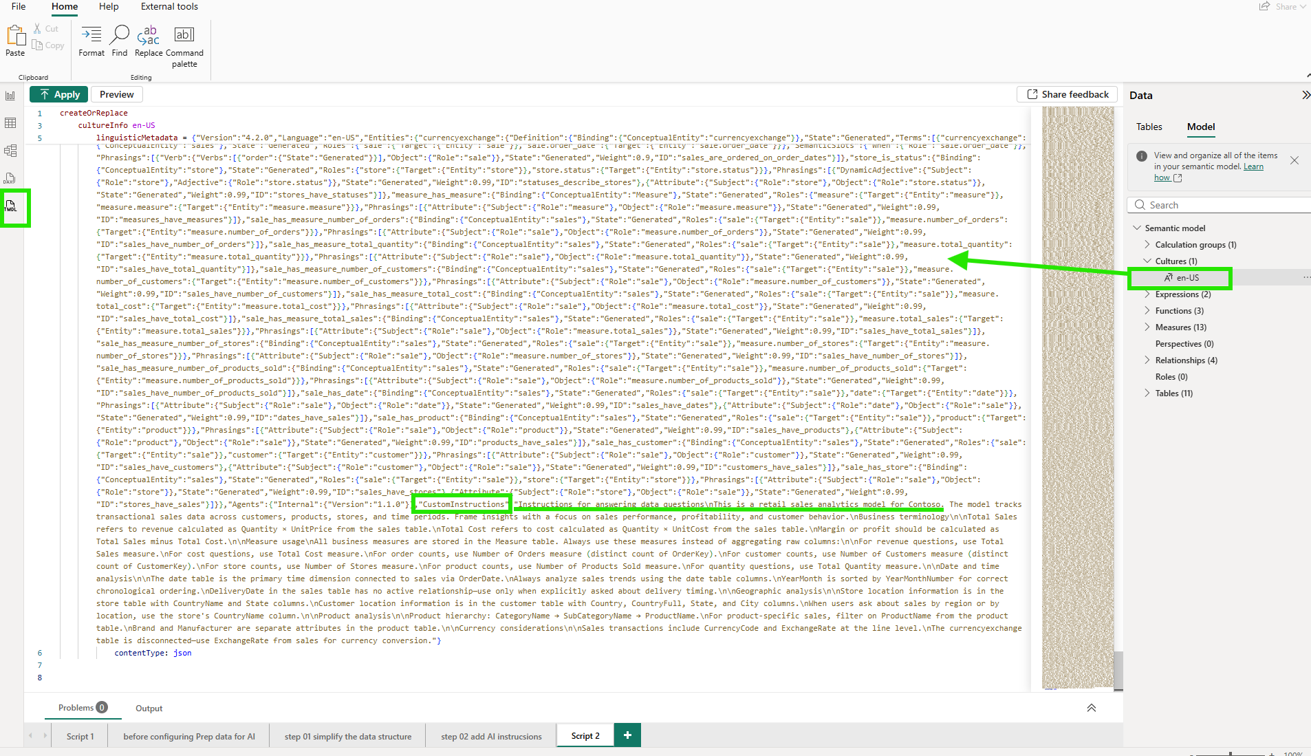 TMDL script view showing linguisticMetadata JSON and AI instructions embedded in the semantic model code