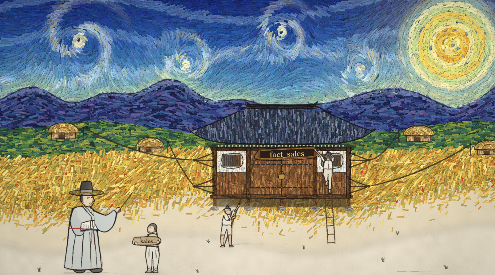 A painting in Korean folk art style under a swirling Van Gogh starry sky, with a tile-roofed storehouse in a golden field joined by ropes to five thatched huts around it, a worker on a ladder fixing the signboard above its door that reads fact_sales, a child holding the old board that reads sales, and a scholar in a black gat pointing at the sign, suggesting a fact table at the center of its dimensions getting its name put back