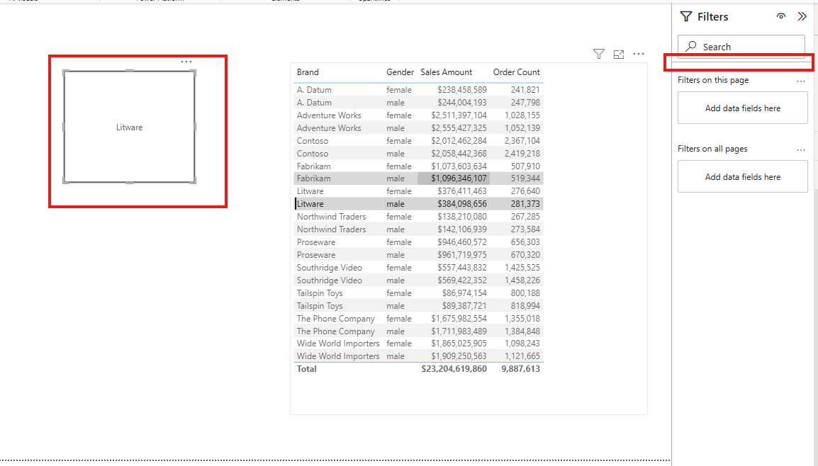 A blank button visual selected in Power BI Desktop, with the Filters pane showing only Filters on this page and Filters on all pages and no Filters on this visual section at all