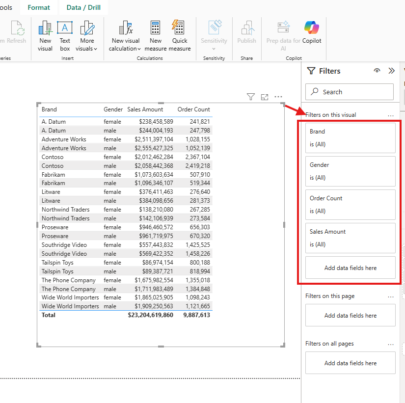 Power BI Desktop showing a table of Brand, Gender, Sales Amount and Order Count with four visible filter cards under Filters on this visual, outlined in red