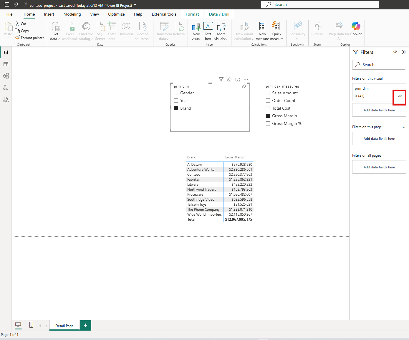 Power BI Desktop on the Detail Page with the prm_dim slicer selected and the hide filter icon on its filter card highlighted in red