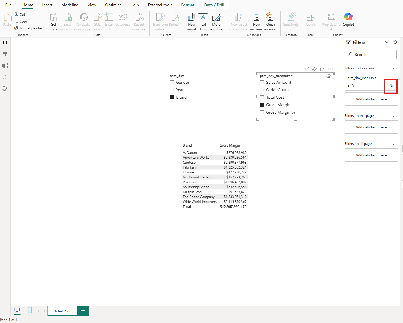 The prm_dax_measures slicer selected in Desktop with its filter card being hidden in the Filters pane