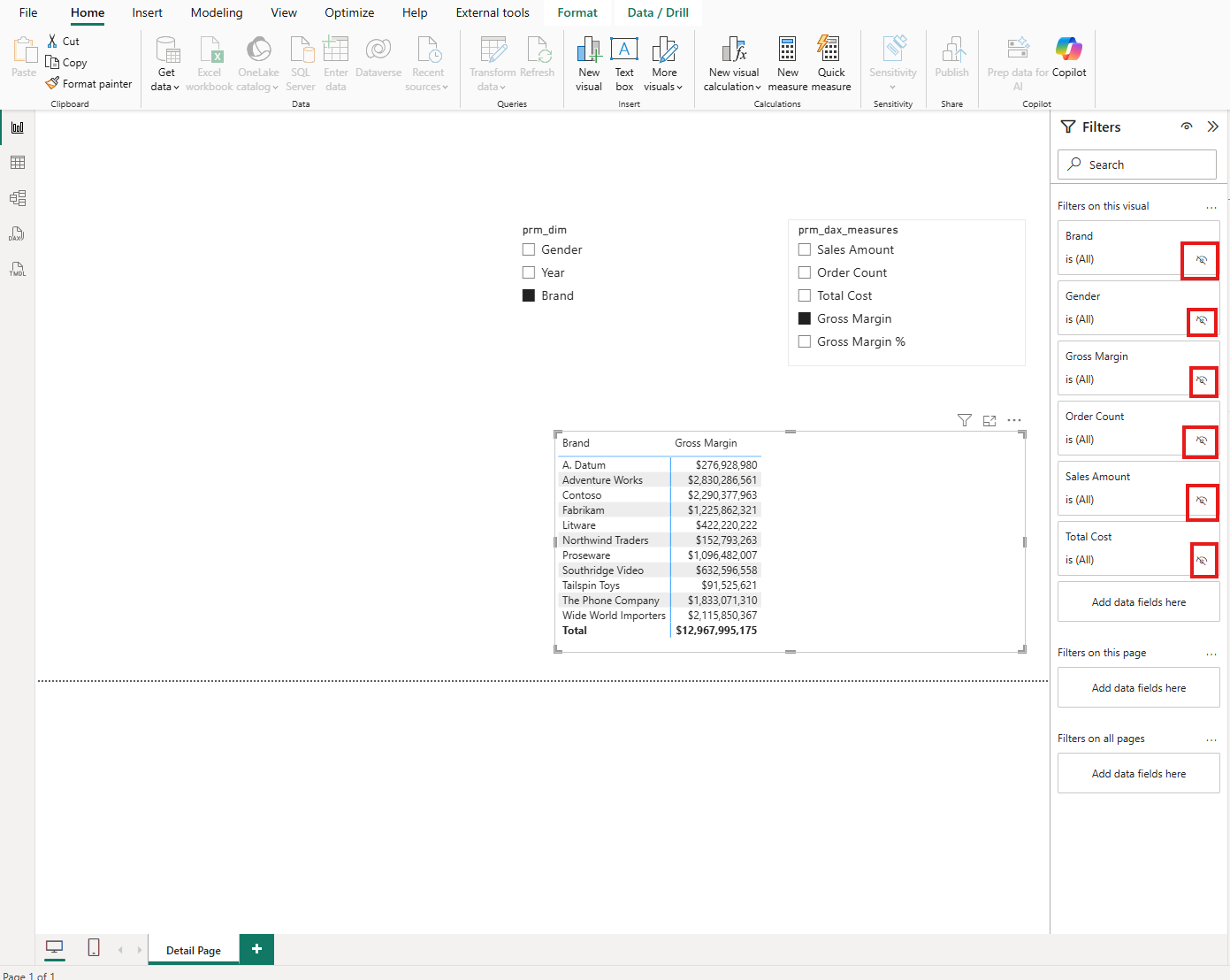The matrix visual selected in Desktop with every card under Filters on this visual showing the crossed out eye icon