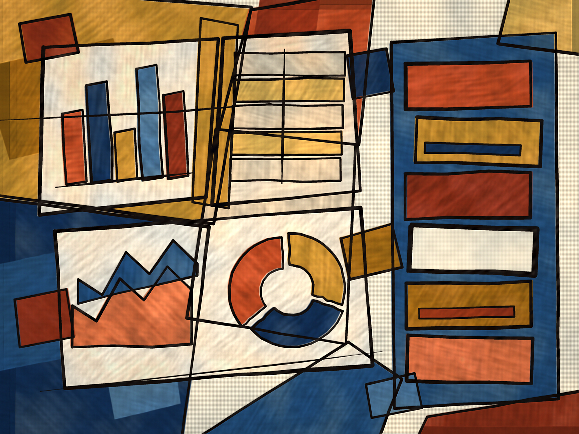 A cubist painting of a report page broken into flat interlocking planes of ochre, blue and terracotta, with a column of stacked cards down the right side where every card is painted solid except one left blank, suggesting the one rule nobody checked