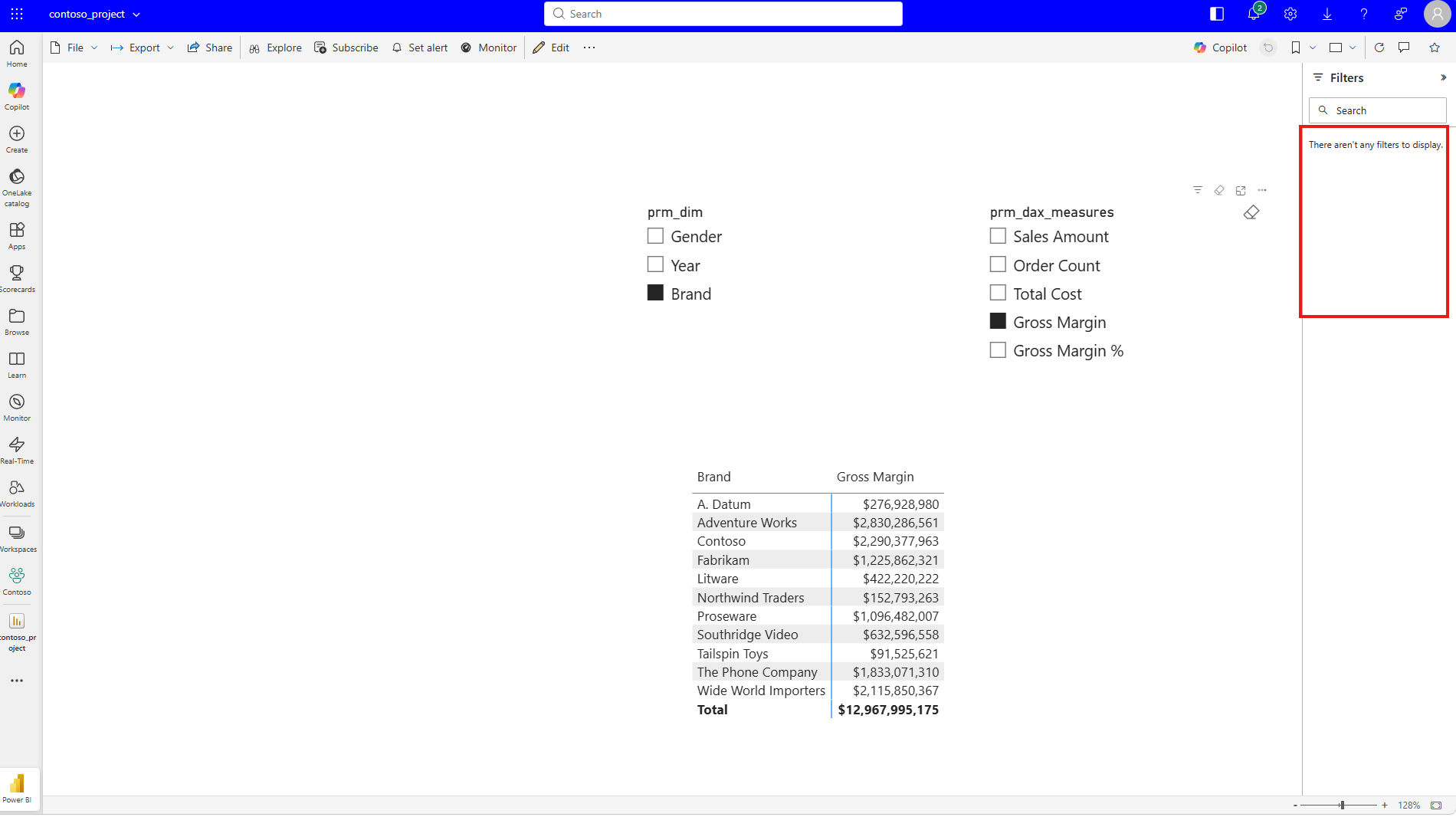The report in the Power BI Service with the Filters pane reading There aren't any filters to display, highlighted in red