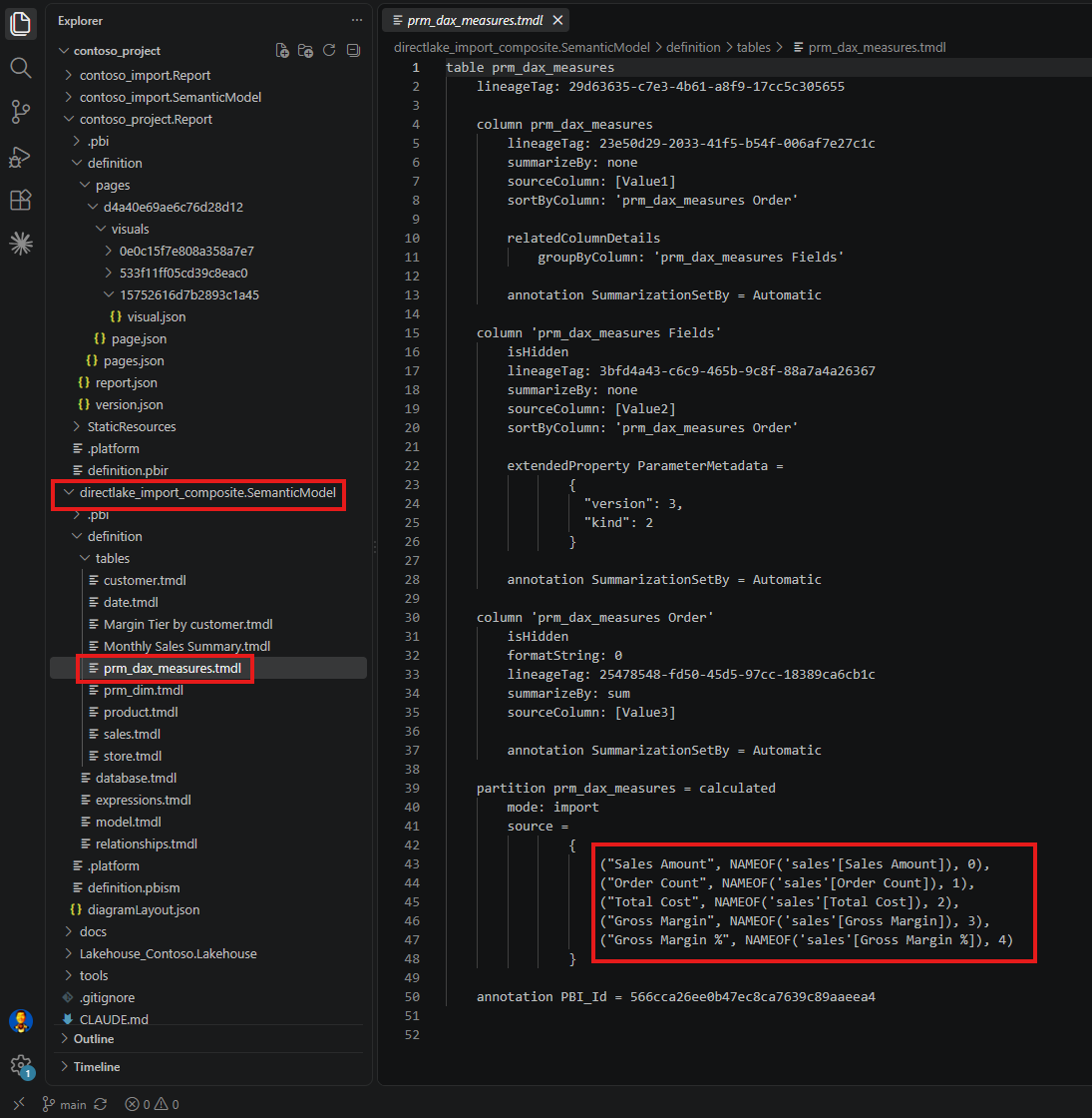 VS Code with prm_dax_measures.tmdl open, and the calculated partition source highlighted in red listing Sales Amount, Order Count, Total Cost, Gross Margin and Gross Margin % as NAMEOF entries