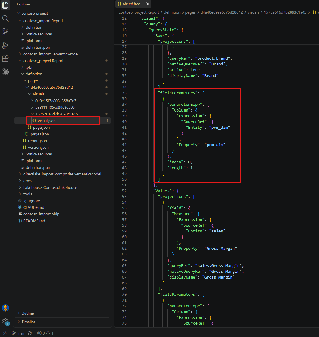 visual.json in VS Code showing a fieldParameters array under the Rows role with parameterExpr pointing at the entity prm_dim, highlighted in red