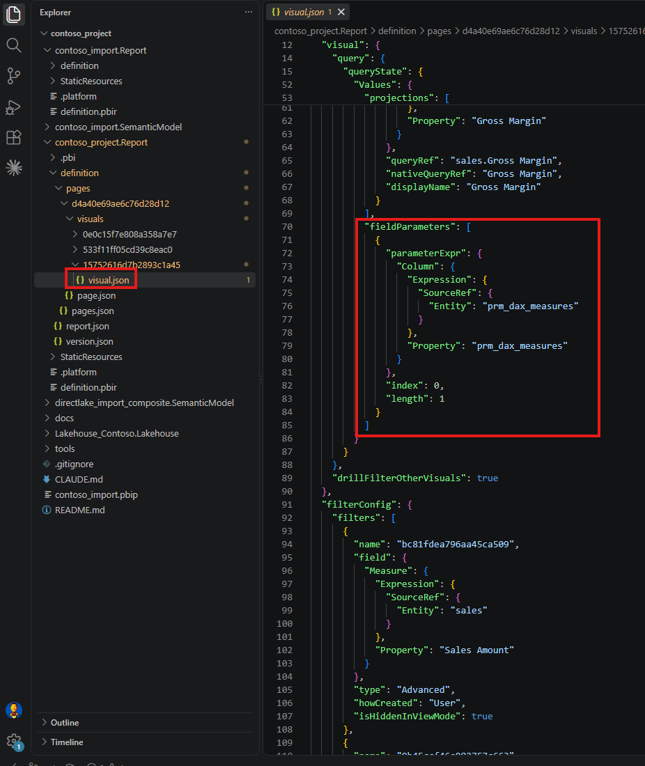 The same visual.json showing a second fieldParameters array under the Values role pointing at the entity prm_dax_measures