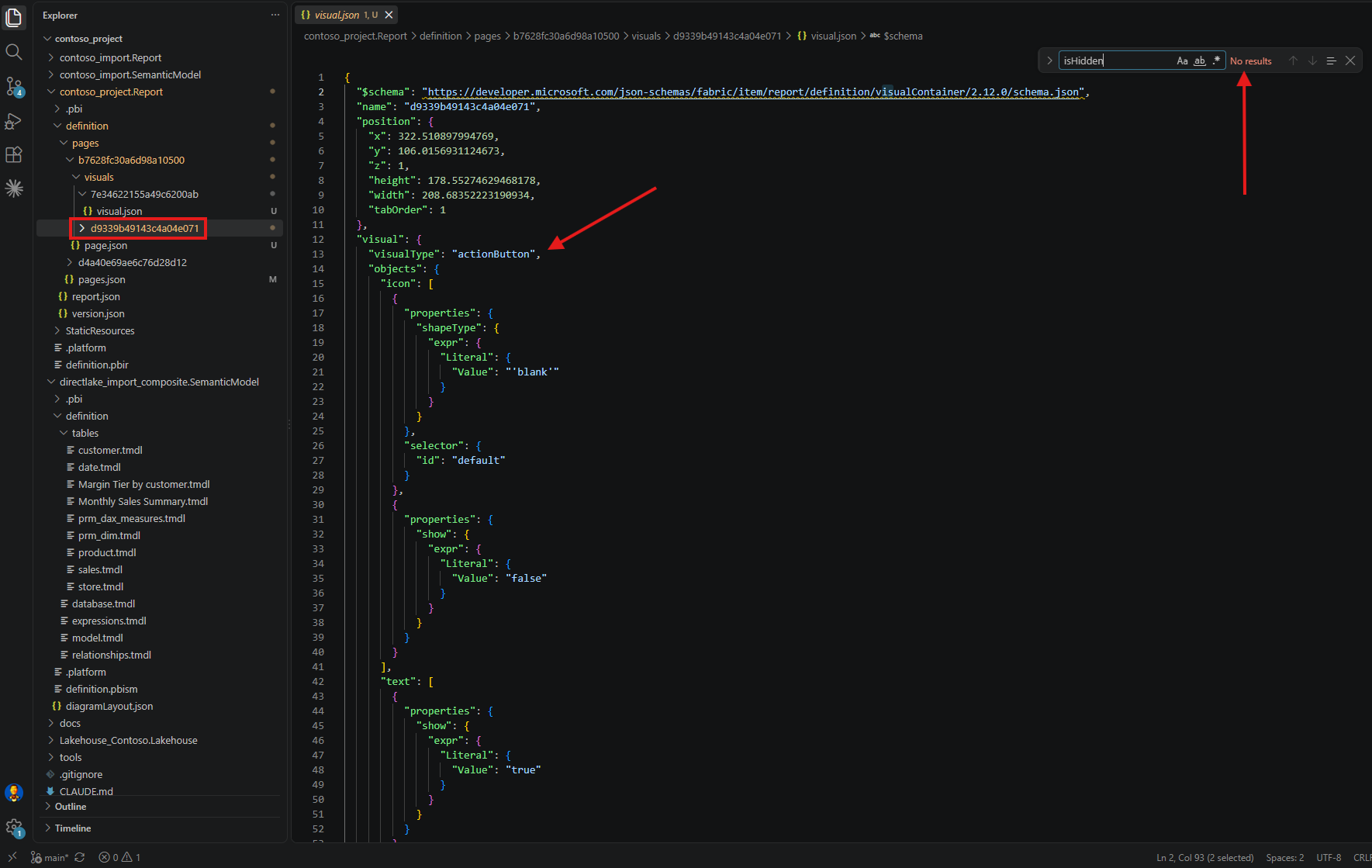 VS Code showing a visual.json whose visualType is actionButton, with an objects block for icon and text, and a search for isHidden reporting No results