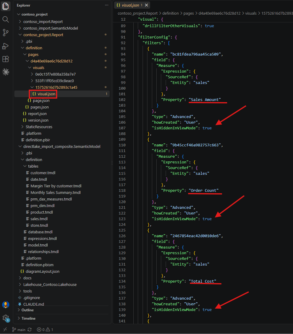 The filterConfig filters array in visual.json showing Sales Amount, Order Count and Total Cost, each with type Advanced, howCreated User and isHiddenInViewMode true