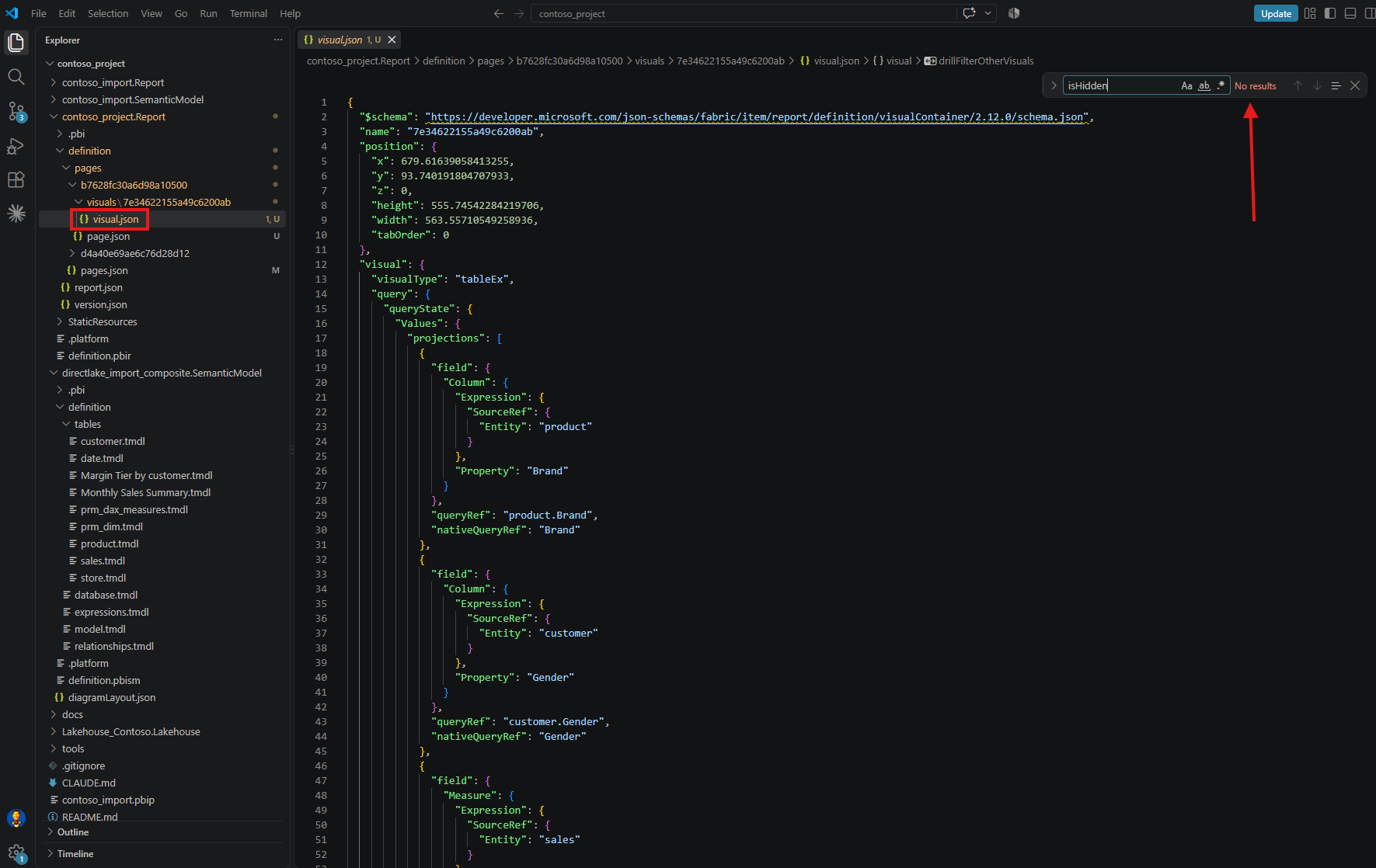 VS Code searching the tableEx visual.json for isHidden and reporting No results, with the search box and result count highlighted in red
