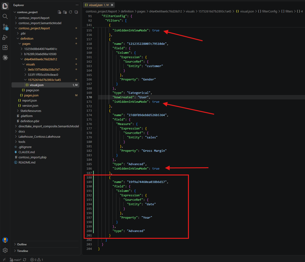 A visual.json diff in VS Code with a new block added at lines 188 to 201 for the date Year column, carrying type Advanced and no isHiddenInViewMode line, while the three filters above it all end with isHiddenInViewMode true