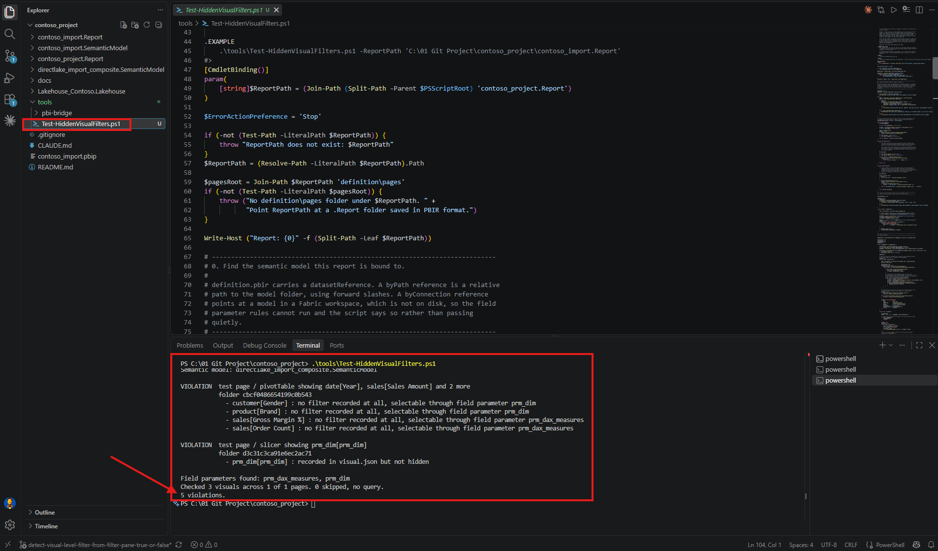 VS Code with Test-HiddenVisualFilters.ps1 open in the editor and the PowerShell terminal below it listing five violations on the test page, grouped under a pivotTable and a slicer, highlighted in red