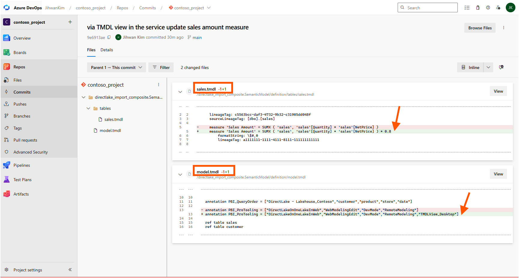 Azure DevOps commit diff showing sales.tmdl and model.tmdl each changed by one line after the TMDL view edit in the service