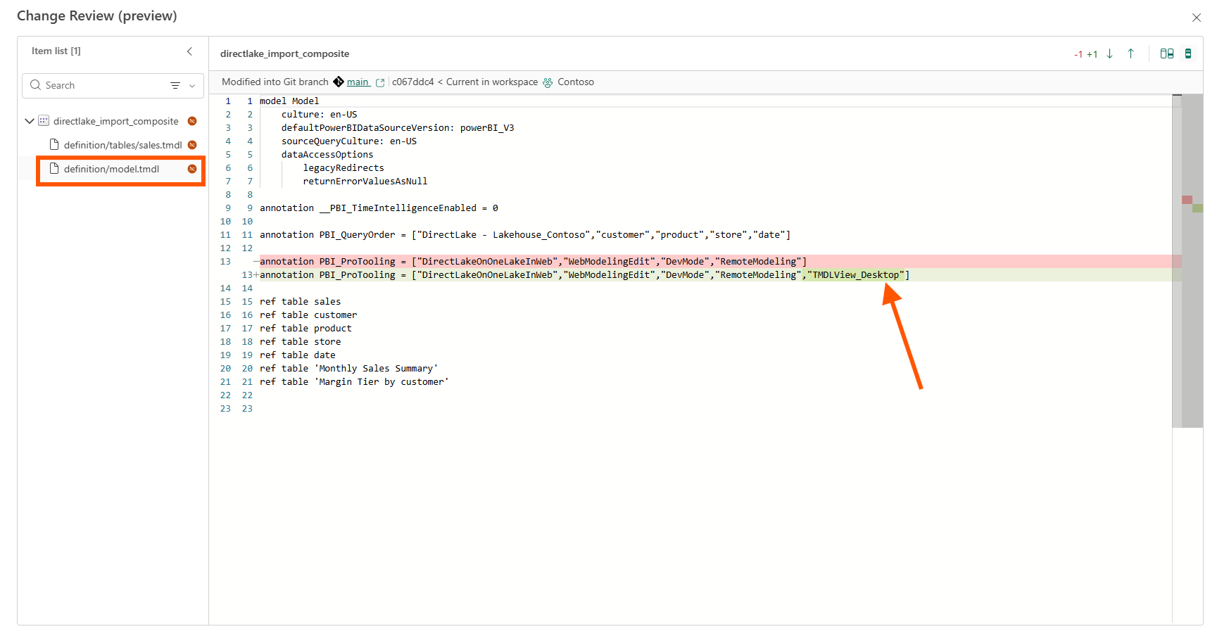 Change Review diff of definition/model.tmdl showing the PBI_ProTooling annotation gaining the TMDLView_Desktop value