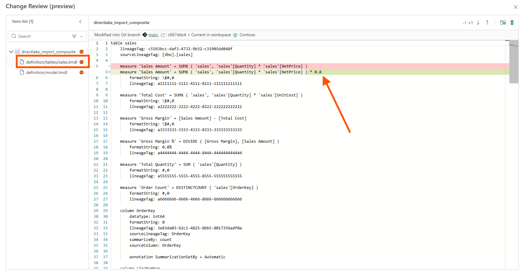 Change Review diff of definition/tables/sales.tmdl showing the single measure line change