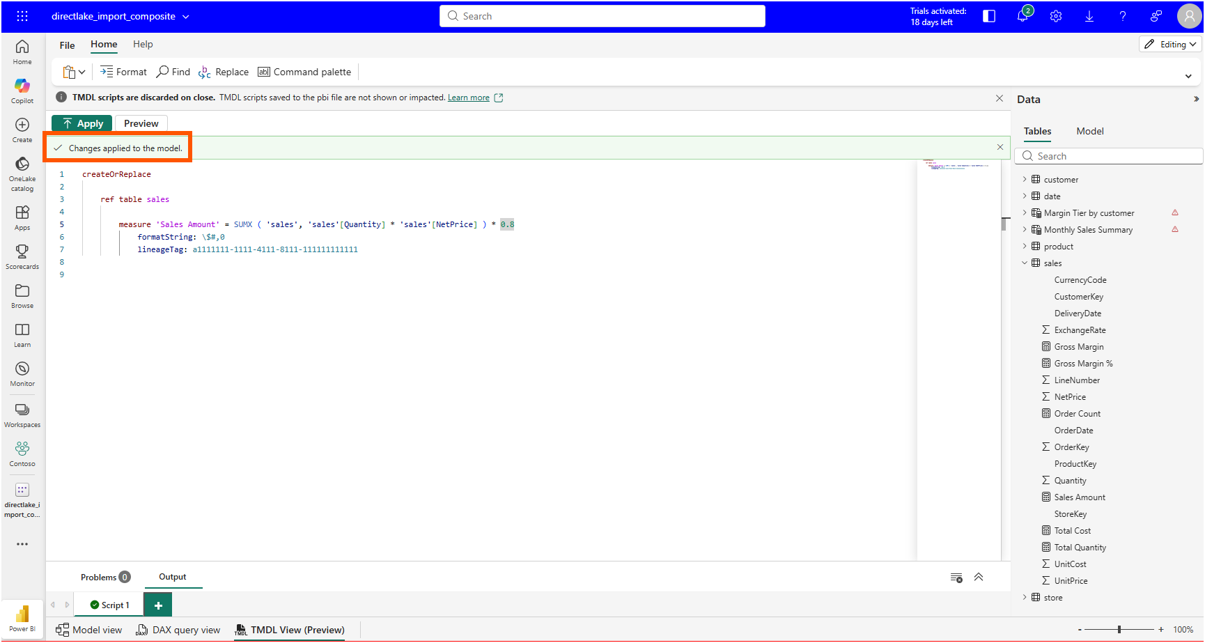 Changes applied to the model confirmation, with warning icons appearing on the two calculated tables in the Data pane
