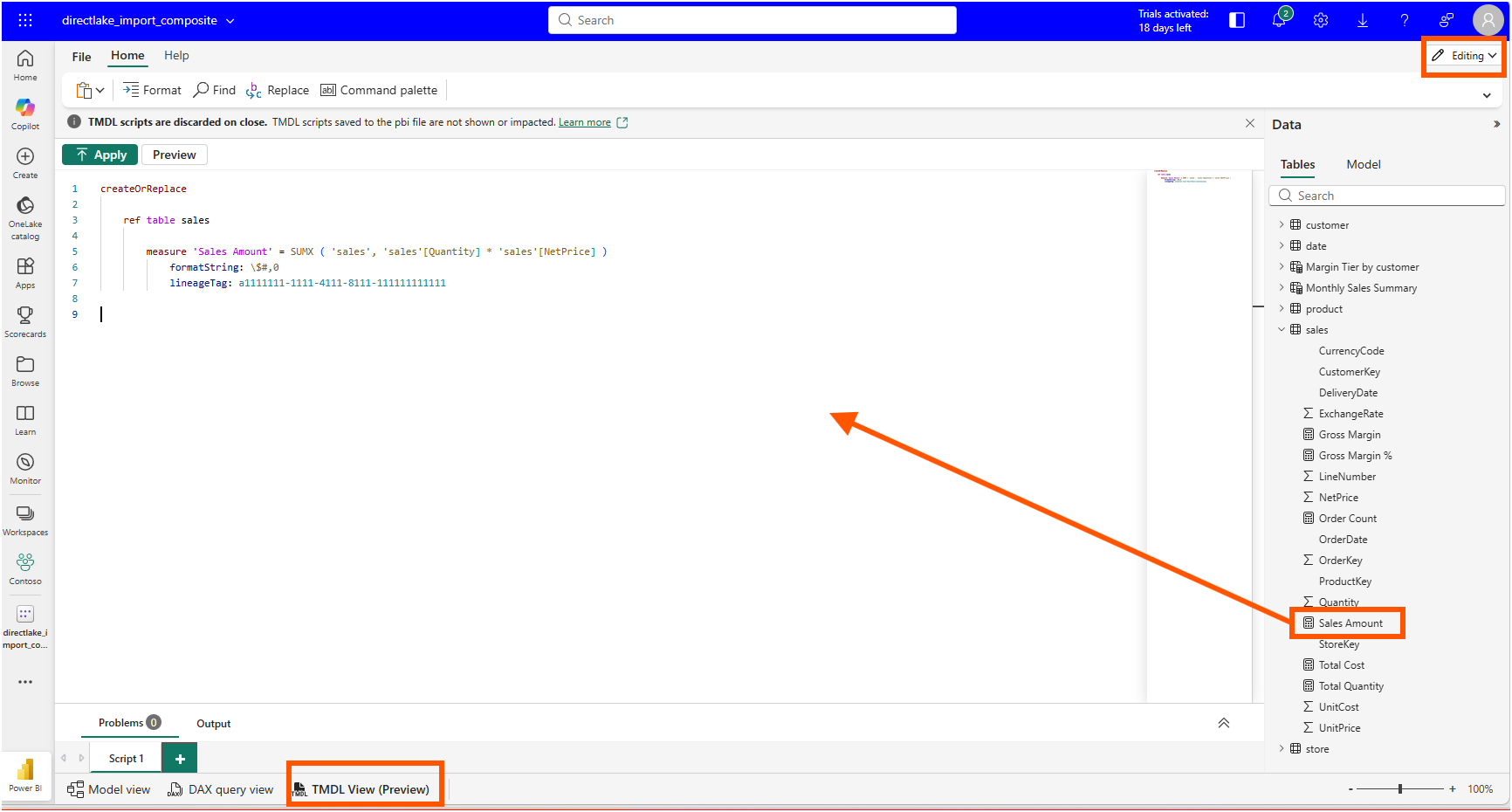 Dragging the Sales Amount measure from the Data pane generates a createOrReplace script in Editing mode