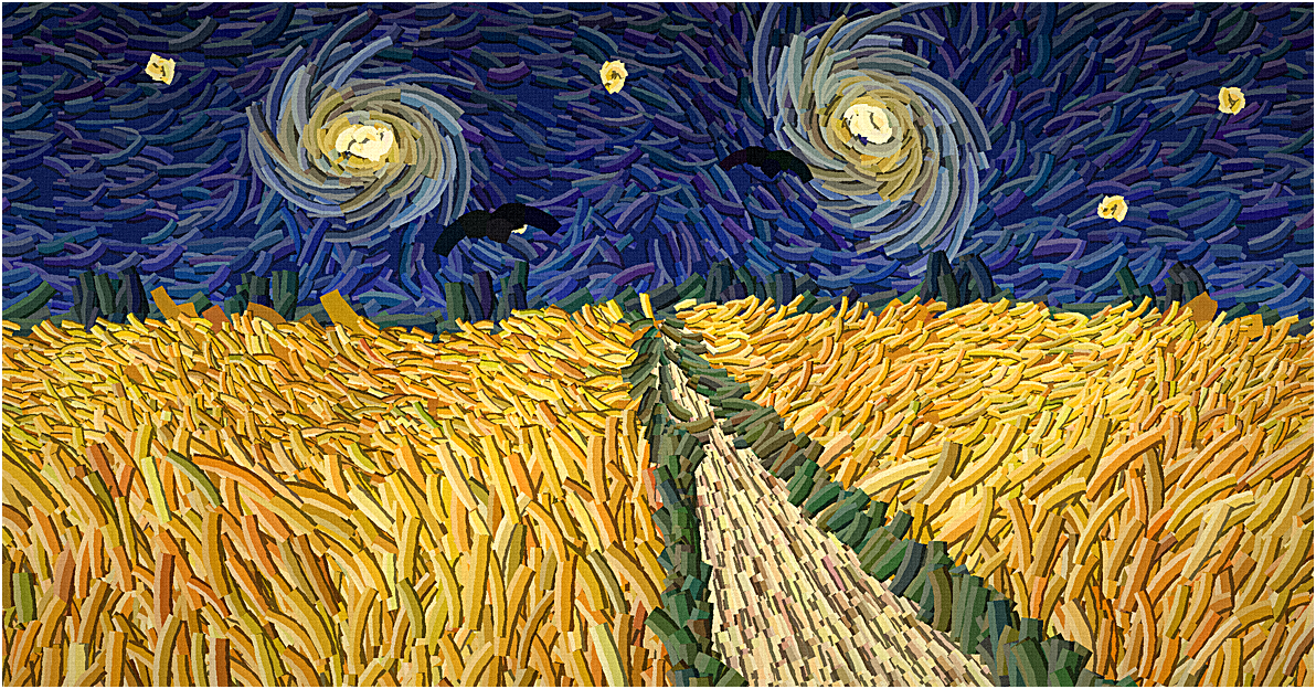 A Van Gogh style illustration of a single path cutting through a golden wheat field under a swirling night sky, suggesting one edit traveling from the browser into the Git repository