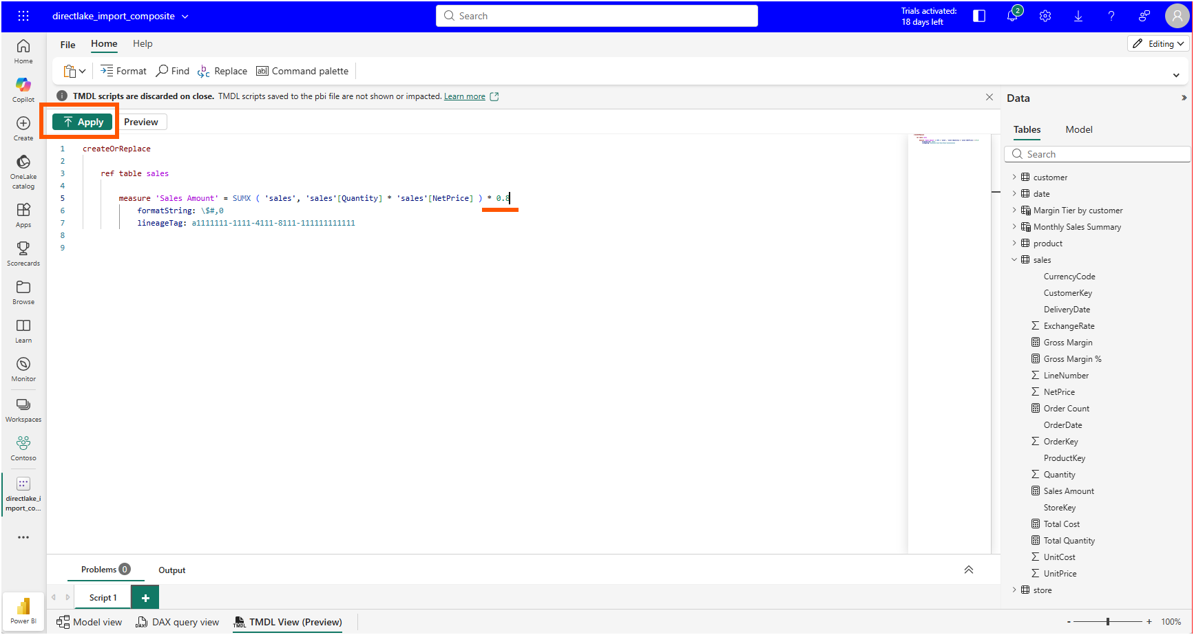 The Sales Amount measure expression edited with a multiplication by 0.8, ready to Apply