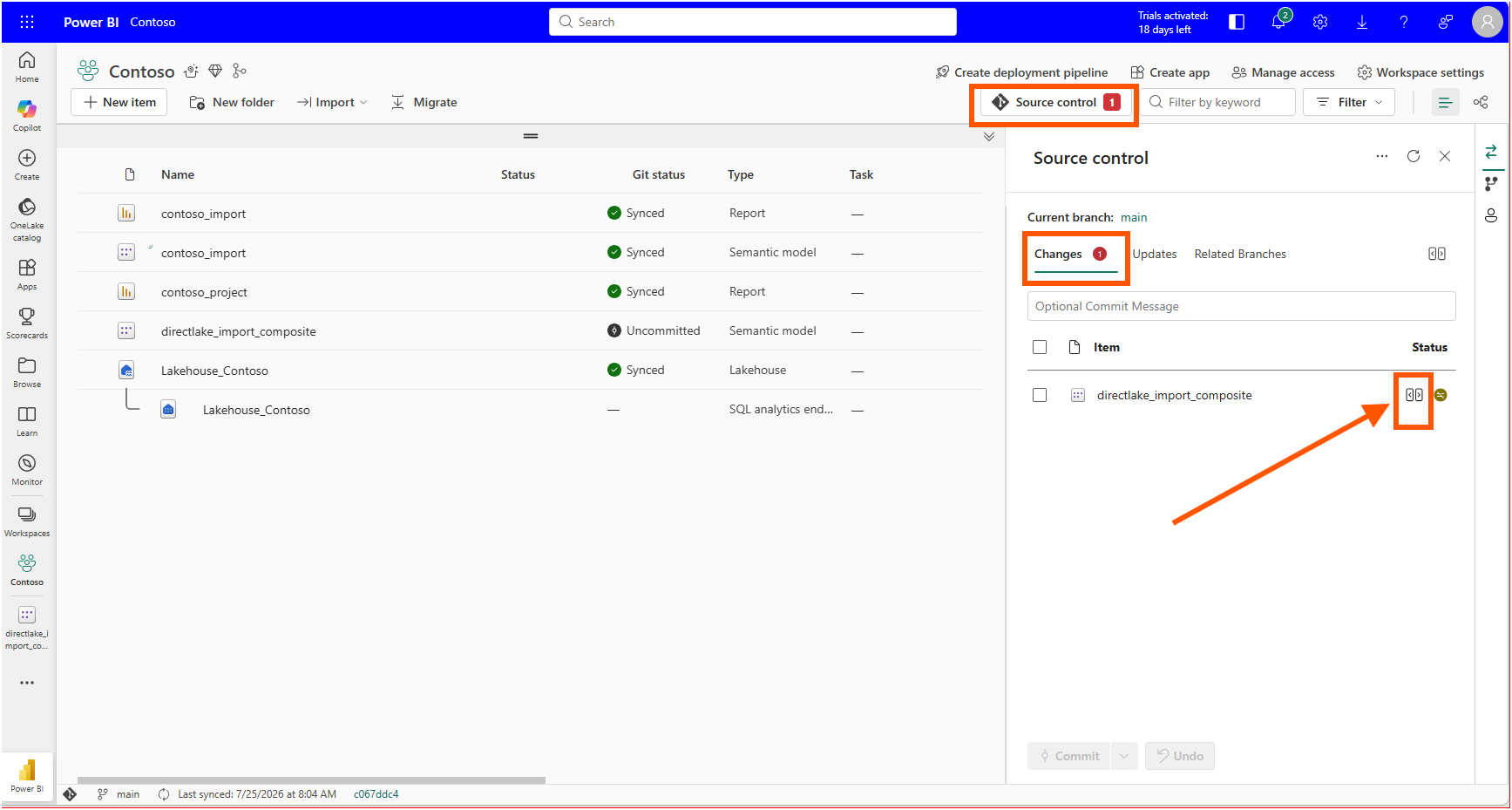 The workspace Source control panel showing directlake_import_composite as one uncommitted change on the main branch