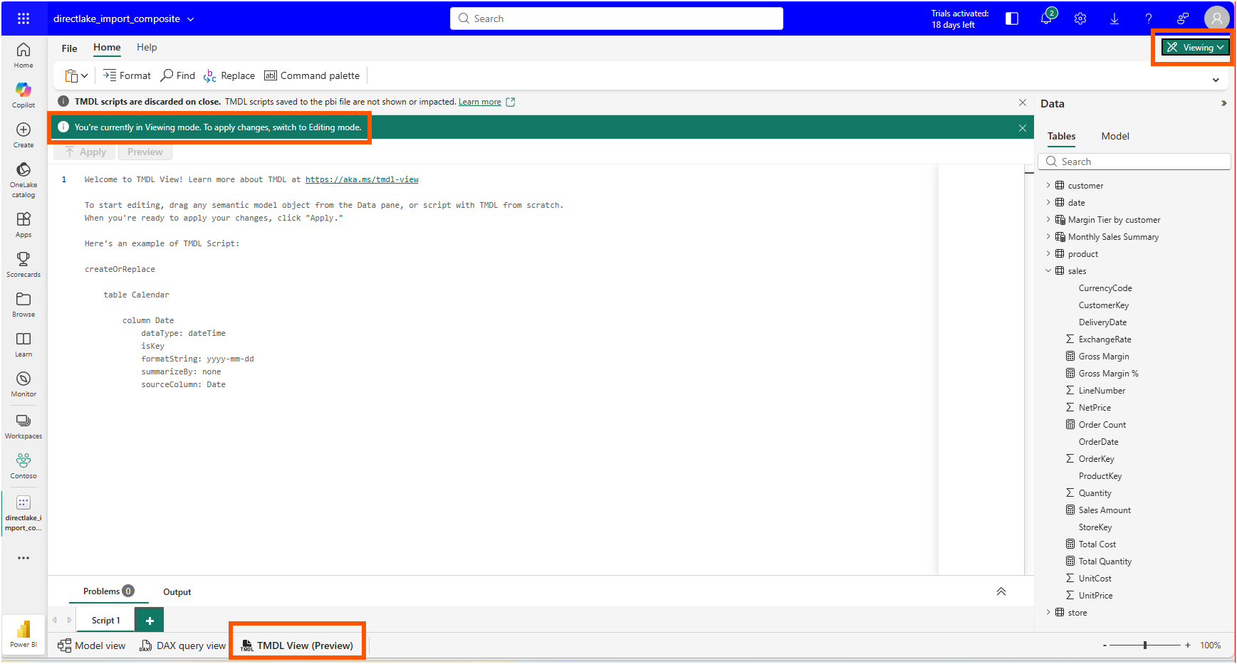 TMDL View (Preview) tab in Power BI web modeling, opened in Viewing mode with the scripts-discarded-on-close banner
