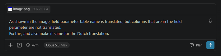 A Claude Code prompt with the Korean report screenshot attached, saying the field parameter table name is translated but the columns in the field parameter are not, and asking for a fix and the same for the Dutch translation