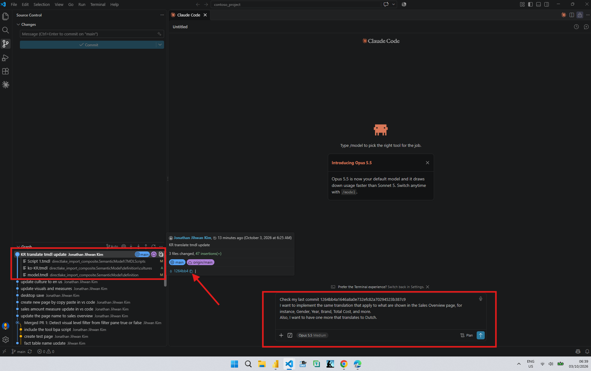 Claude Code in VS Code with a prompt asking it to check the last commit, apply the same kind of translation to what is shown on the Sales Overview page such as Gender, Year, Brand, and Total Cost, and add a Dutch translation, next to the commit details for KR translate tmdl update