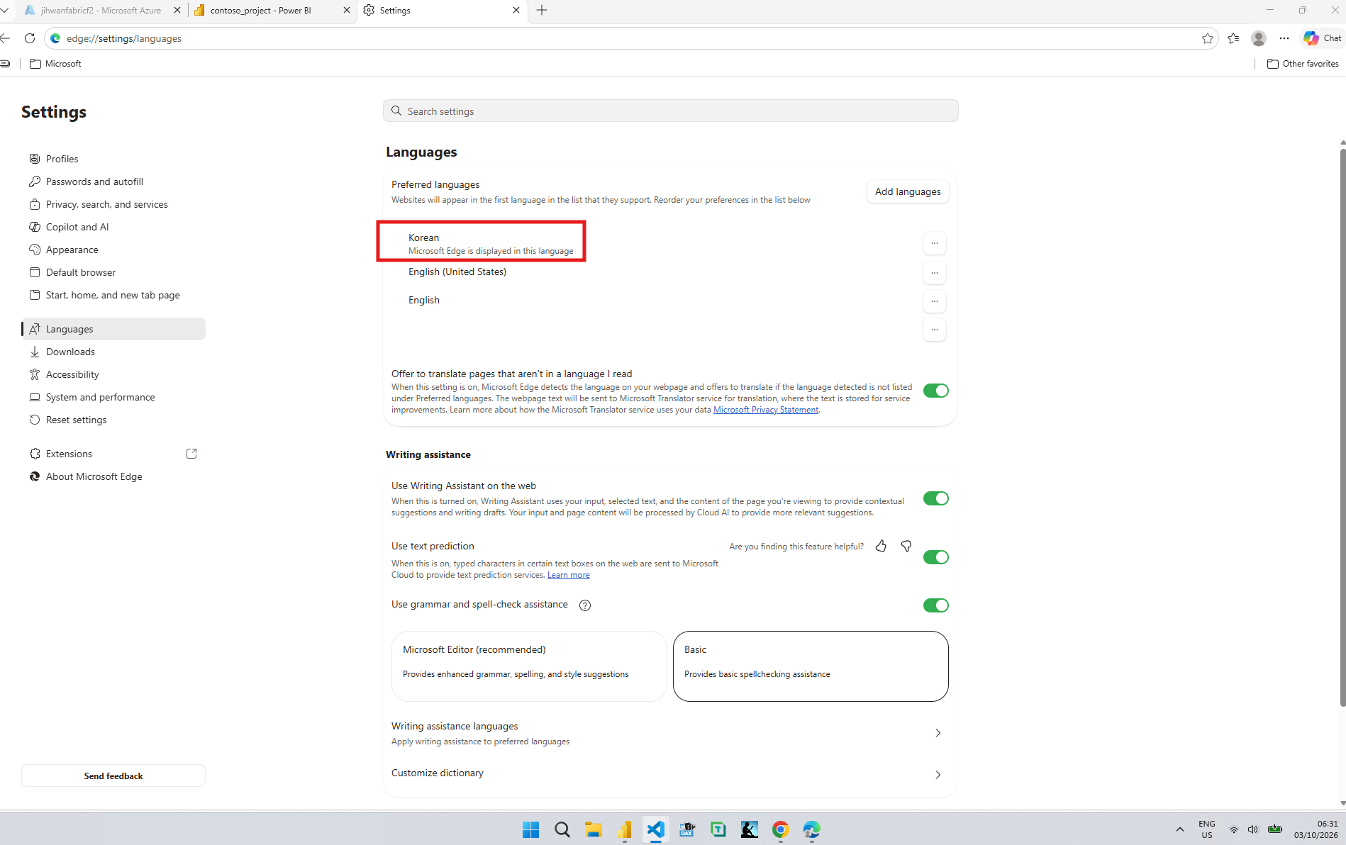 Edge settings on the Languages page with Korean moved to the top of Preferred languages, above English (United States) and English