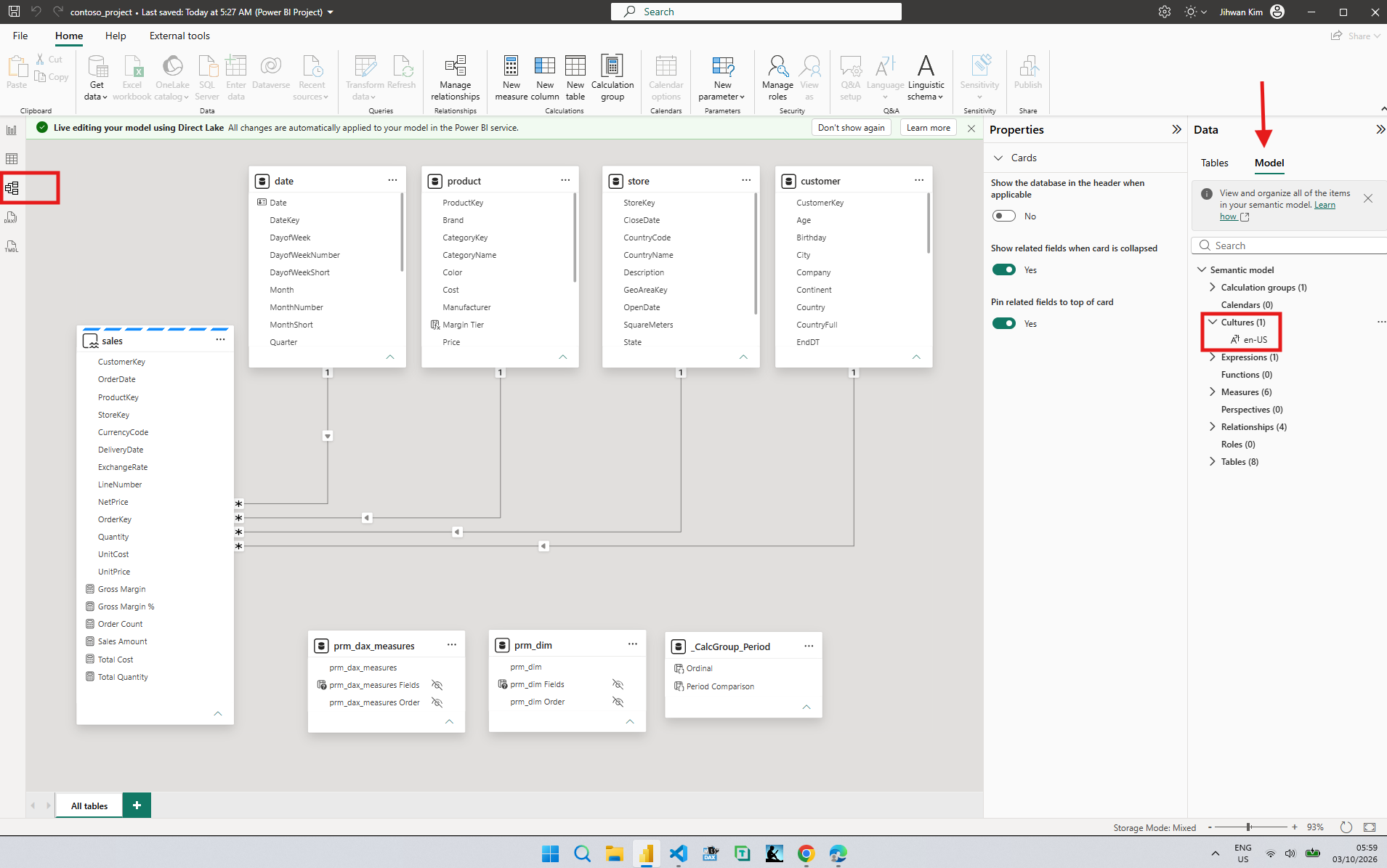 Power BI Desktop Model view with the Live editing your model using Direct Lake banner across the top, and Model explorer on the right listing Cultures (1) with en-US underneath