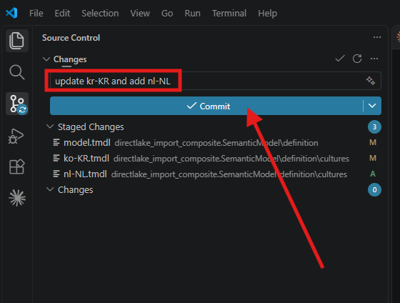 The VS Code Source Control pane with the commit message update kr-KR and add nl-NL and three staged files, model.tmdl, ko-KR.tmdl, and nl-NL.tmdl