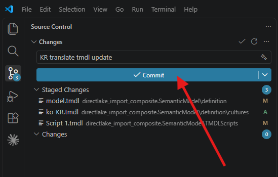 The VS Code Source Control pane with the commit message KR translate tmdl update and three staged files, model.tmdl, ko-KR.tmdl, and Script 1.tmdl, all under directlake_import_composite.SemanticModel