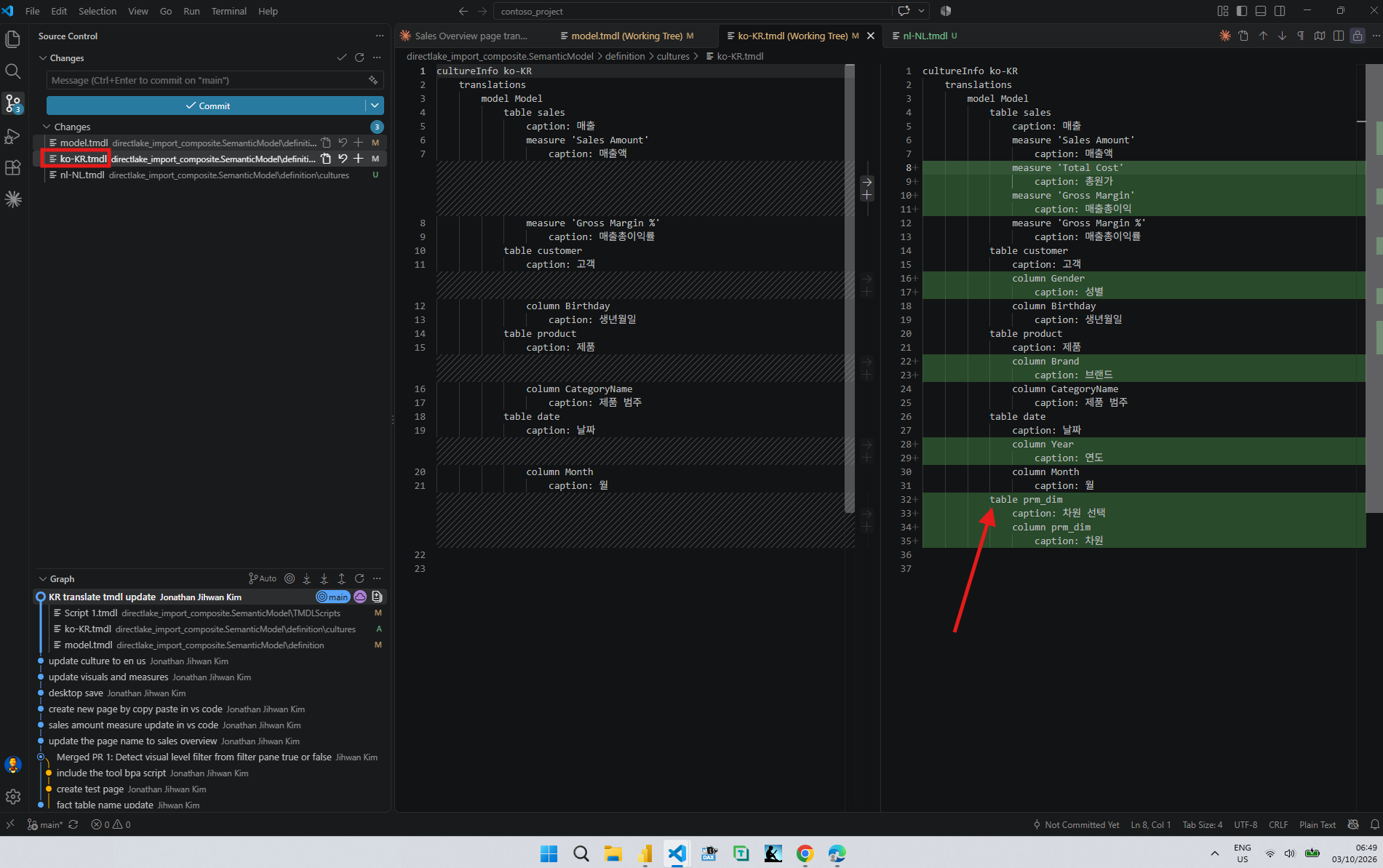 The ko-KR.tmdl diff in VS Code with added captions for the Total Cost and Gross Margin measures, the Gender, Brand, and Year columns, and a new prm_dim table block with a caption for the table and one for its prm_dim column