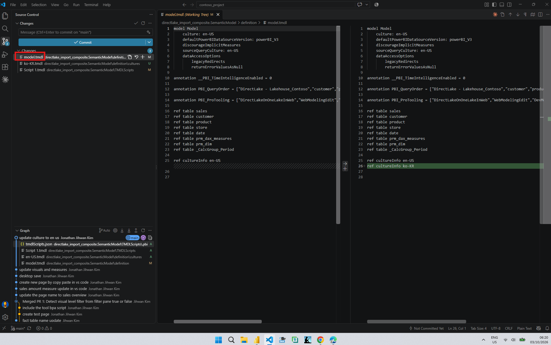 The model.tmdl diff in VS Code with culture: en-US on line 2, the ref table lines from sales to _CalcGroup_Period, and one added line, ref cultureInfo ko-KR, below ref cultureInfo en-US